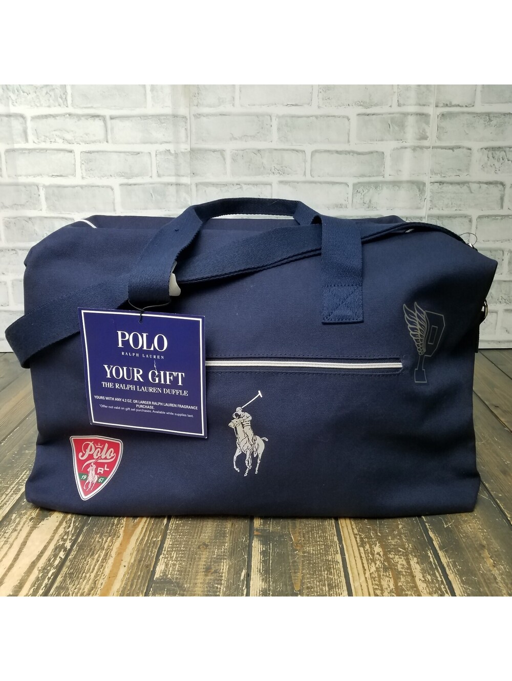 BRAND NEW Polo Ralph Lauren Logo P Wing Patch Duffle Gym Travel Bag Navy Blue